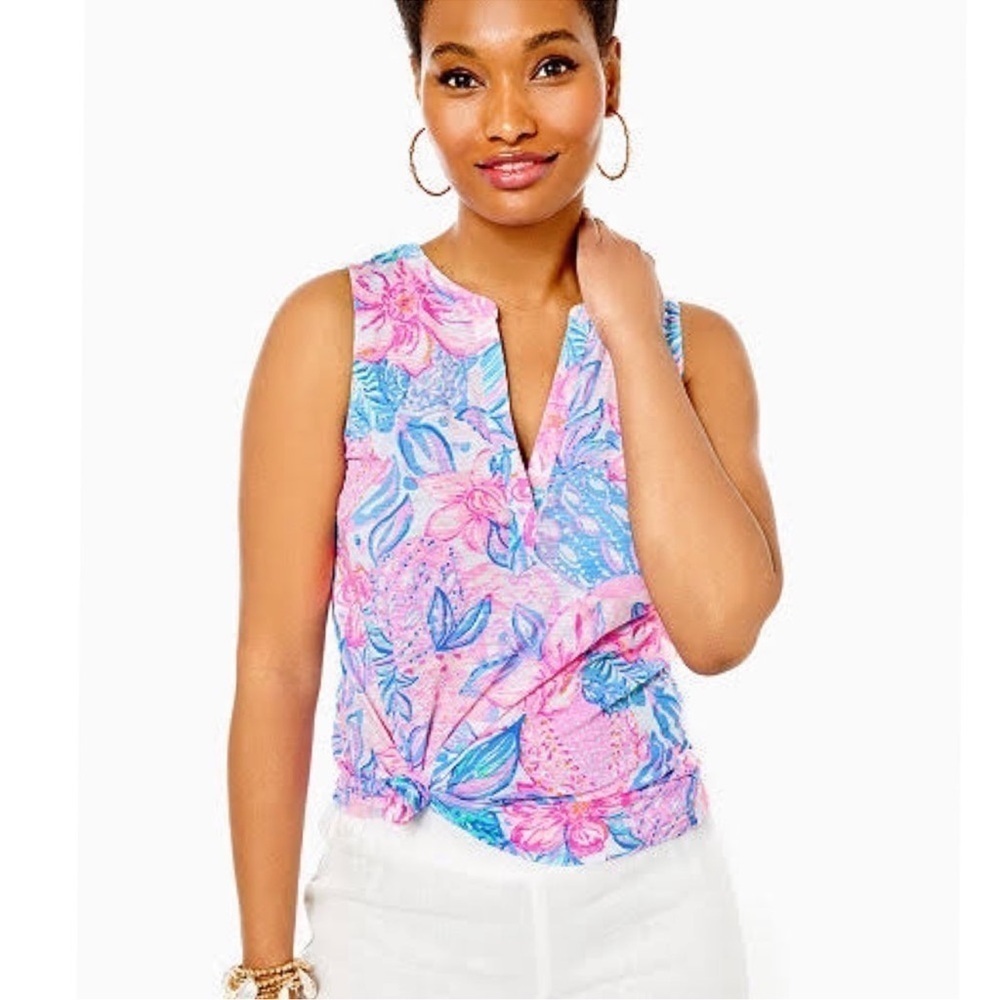 NWT Lilly Pulitzer Essie Top Pink Isle Snappy Turtle Sleeveless Bright Sz Small